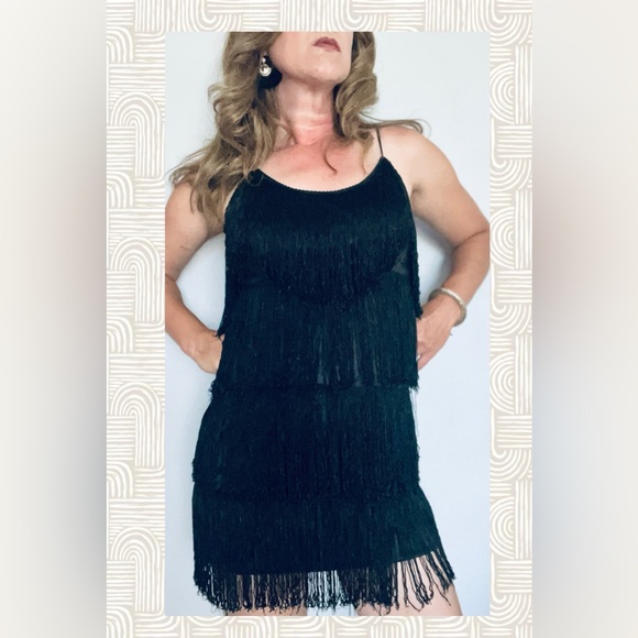 Vintage 90s does 20s Cheryl Kaye Gatsby Black Fringe Flapper Mini Dress Sz S - Picture 4 of 11